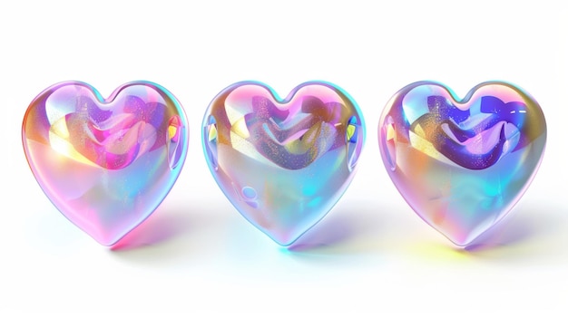 Un set olografico 3D di cuori cromati iridescenti 3D isolati su uno sfondo bianco Questa illustrazione include un testo d'amore che si scioglie con la fiamma del fuoco e un effetto di gradiente dell'arcobaleno