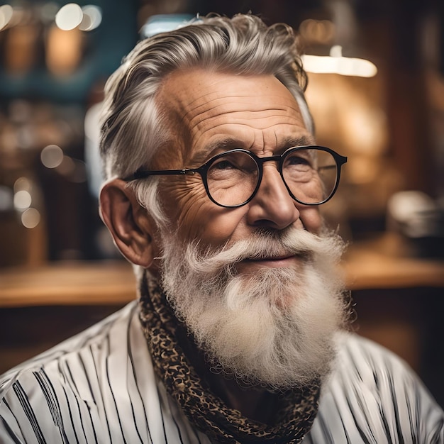 Un signore anziano con un sorriso scintillante e una barba alla moda in un'atmosfera accogliente AI