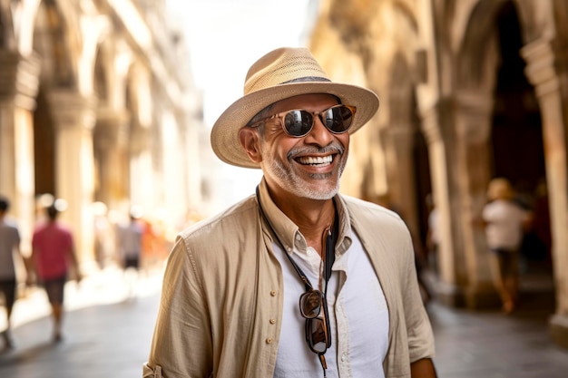 Un signore anziano sorridente un viaggio elegante attraverso la città