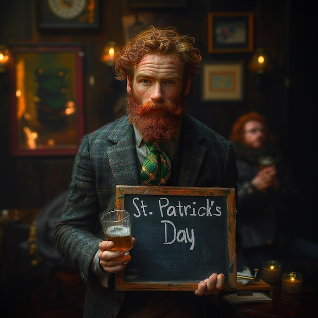 Un signore con un bicchiere di birra in un tradizionale pub irlandese il giorno di San Patrizio