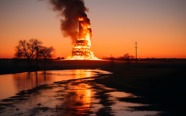 Un silo di grano bombardato contenente grano ancora in fiamme