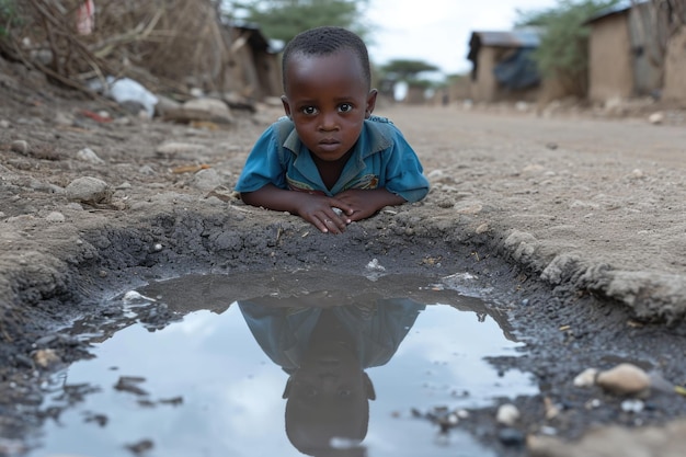 Un simbolo della mancanza d'acqua nel mondo Un ragazzo africano vicino a una pozzanghera in Africa