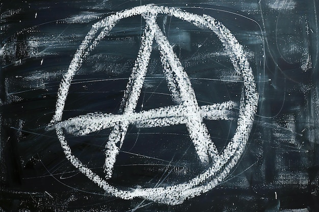 Un simbolo di anarchia disegnato a gesso bianco su uno sfondo a lavagna