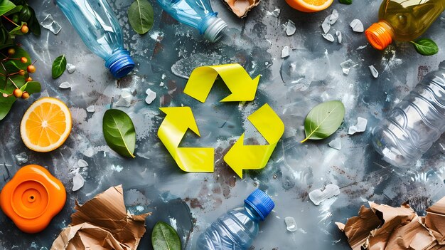 un simbolo di riciclaggio è circondato da bottiglie, foglie di frutta e altri rifiuti