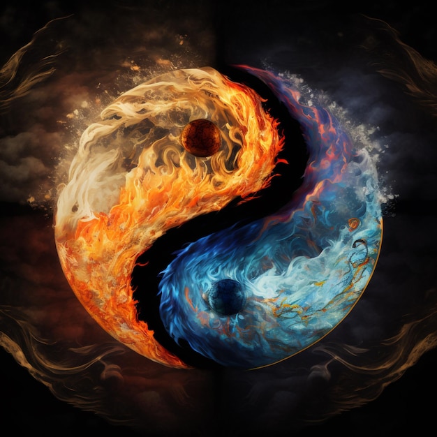 Un simbolo yin yang blu e arancione con un fuoco nero e blu e fuoco nel mezzo.