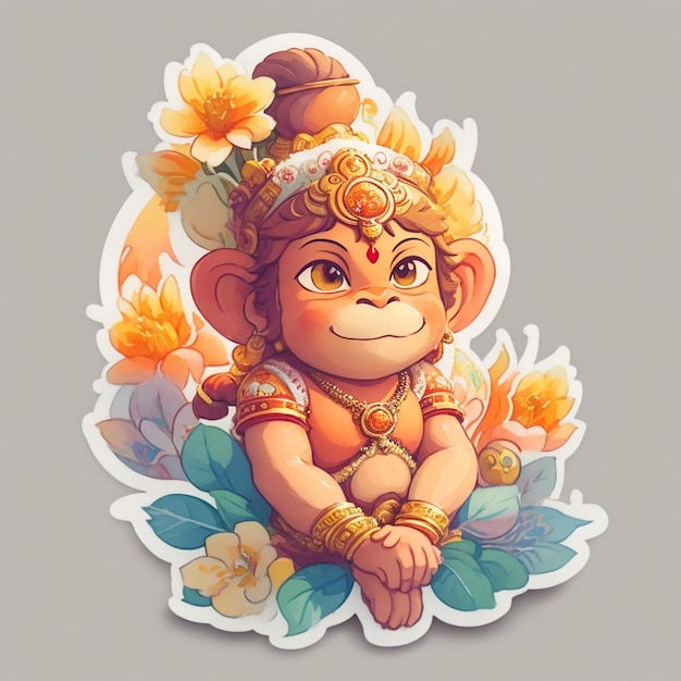 Un simpatico adesivo Lord Hanuman con fiori