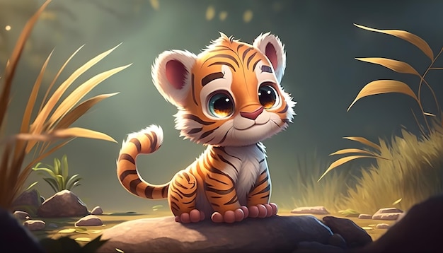 Un simpatico adorabile cucciolo di tigre reso nello stile di animazione fantasy stile di animazione dei cartoni animati per bambini generativa ai