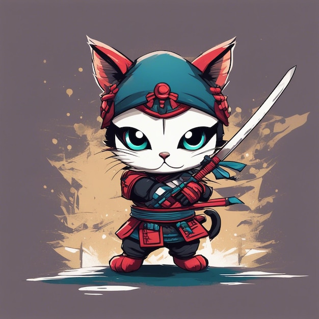 Un simpatico atteggiamento di gatti samurali guerrieri ninja con design di magliette con spada