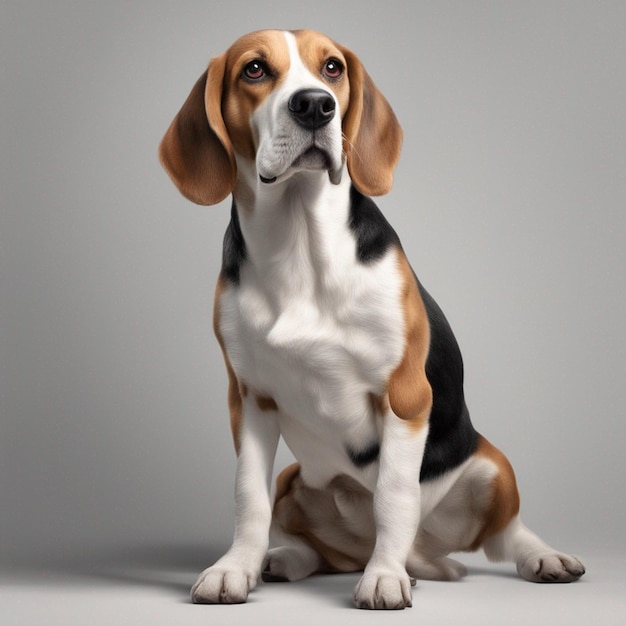 Un simpatico cane beagle con sfondo grigio pulito