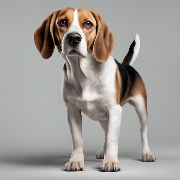 Un simpatico cane beagle con sfondo grigio pulito