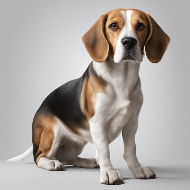 Un simpatico cane beagle con sfondo grigio pulito