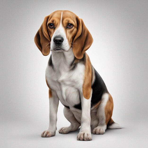 Un simpatico cane beagle con sfondo grigio pulito