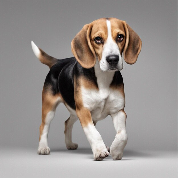 Un simpatico cane beagle con sfondo grigio pulito