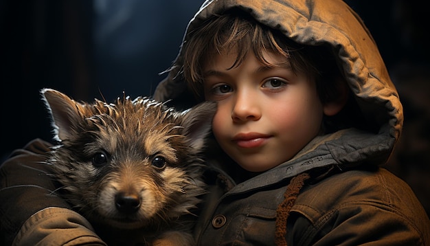 Un simpatico cane e un bambino, un ritratto di piccoli animali domestici generati dall'intelligenza artificiale