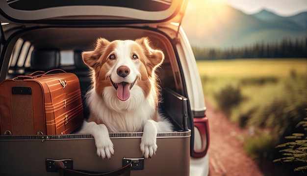 Un simpatico cane felice si trova nel bagagliaio di un'auto sotto i raggi del sole grazie all'IA generativa