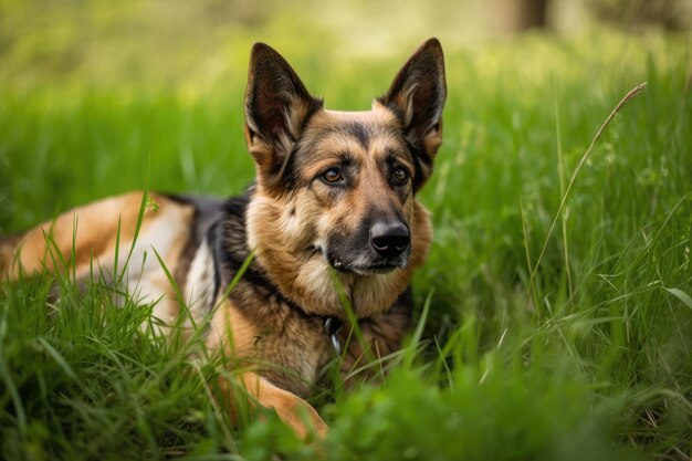 Un simpatico cane meticcio si siede nell'erba del prato
