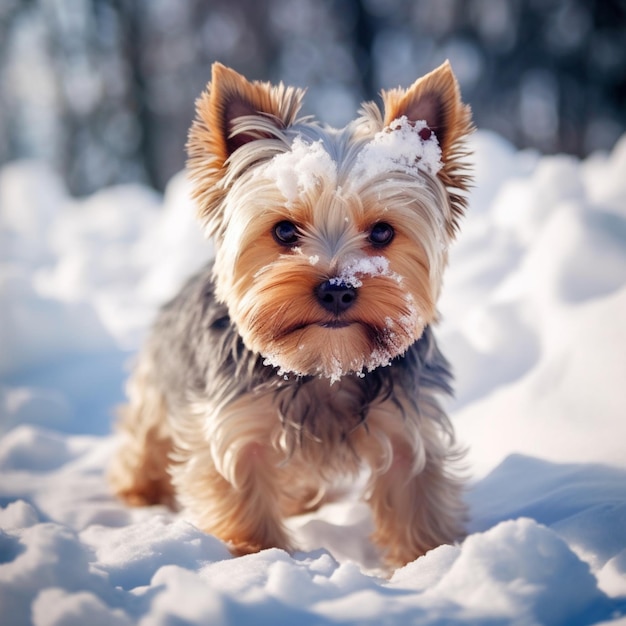 Un simpatico cane posa nella neve