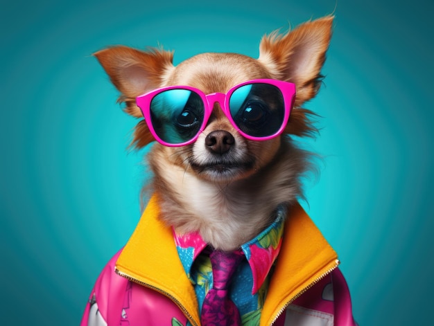 Un simpatico cane superstar antropomorfo dai colori vivaci, ritratto a metà corpo, alla moda