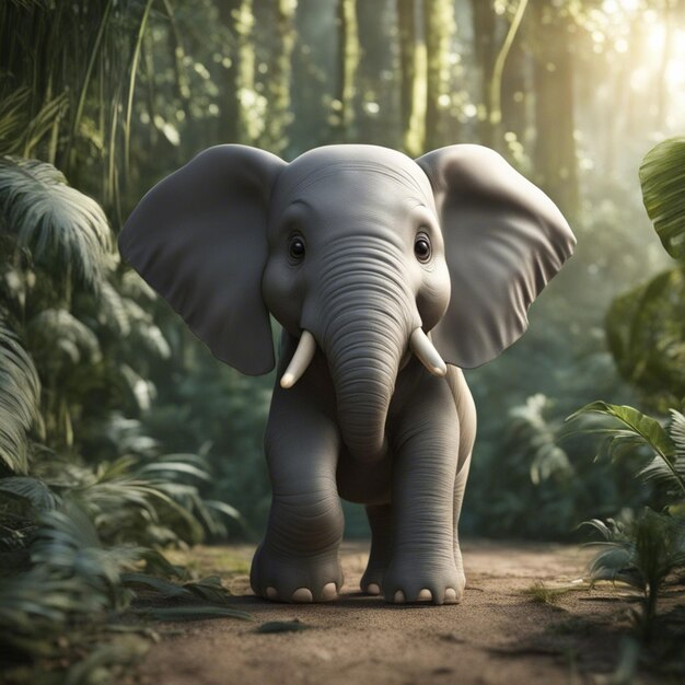 Un simpatico cartone animato di elefanti 3d pulito e blured, nella giungla