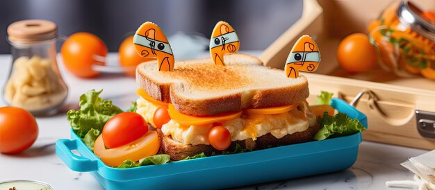 Un simpatico cestino per il pranzo per bambini con un panino a forma di gatto con cubetti di formaggio e un topo fatto di