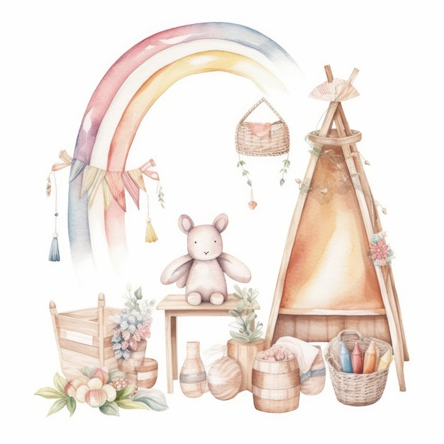 Un simpatico coniglietto con arcobaleno Illustrazione disegnata a mano ad acquerello AI generativa