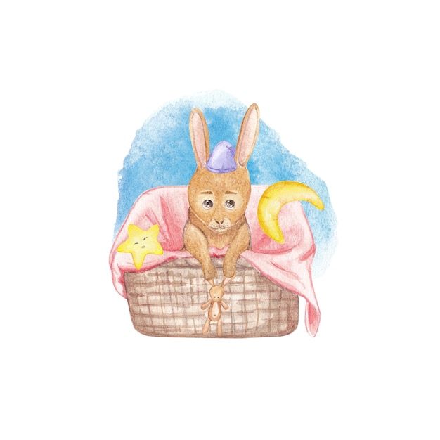 Un simpatico coniglio è seduto in un cesto con un acquerello su sfondo bianco Illustrazione del bambino