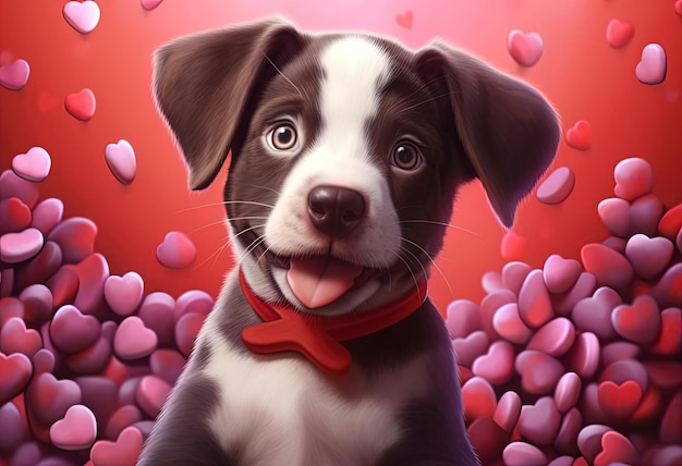 un simpatico cucciolo con cuori sfondo a forma di cuore