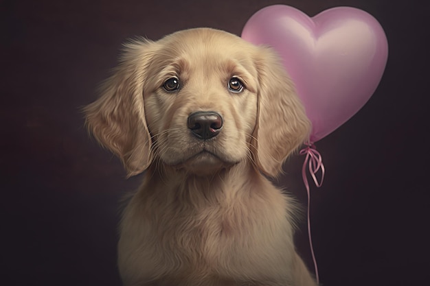 Un simpatico cucciolo di golden retriever con un palloncino a forma di cuore rosa IA generativa