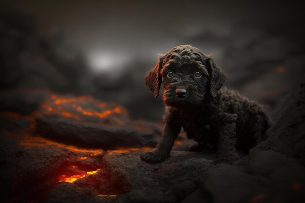 Un simpatico cucciolo di labrador nero siede su un terreno infuocato sotto il cielo notturno IA generativa