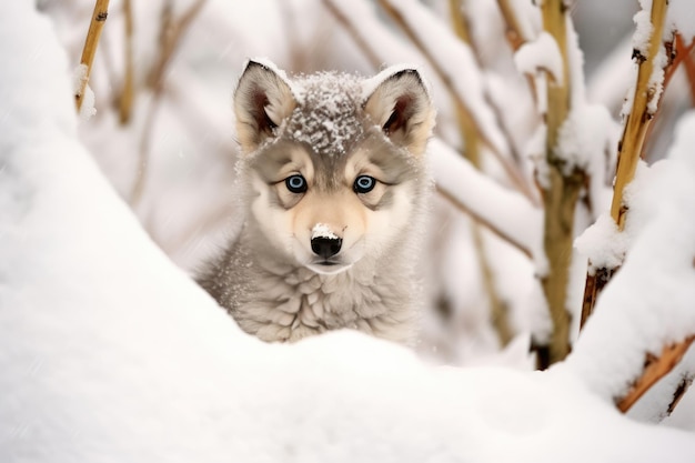 Un simpatico cucciolo di lupo nella neve invernale IA generativa