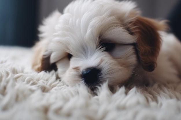 Un simpatico cucciolo di Shih Tzu è sdraiato sul letto generato da Ai