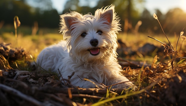 Un simpatico cucciolo di terrier seduto sull'erba che si gode la natura generata dall'intelligenza artificiale