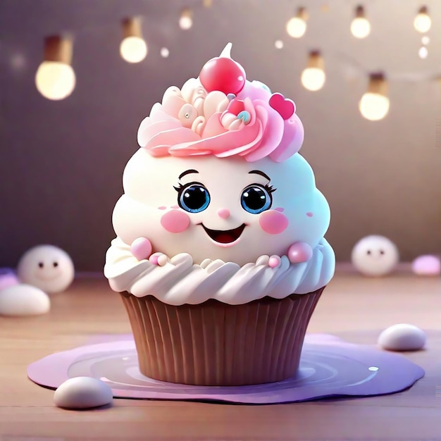 Un simpatico cupcake cartone animato davvero delizioso con un sorriso schiumoso generato dall'intelligenza artificiale