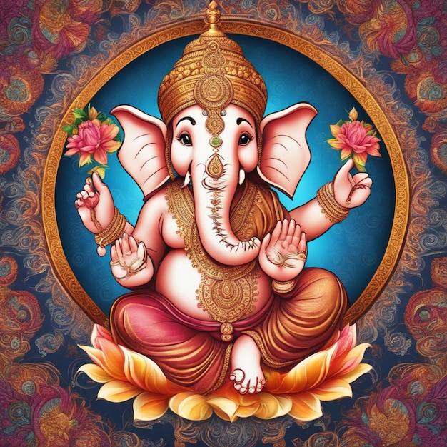 Un simpatico dio indù Lord Ganesha colorato pieno di decorazioni floreali