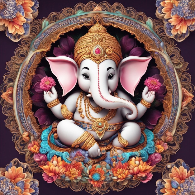 Un simpatico dio indù Lord Ganesha di colore pieno con decorazioni floreali sullo sfondo del mandala reale