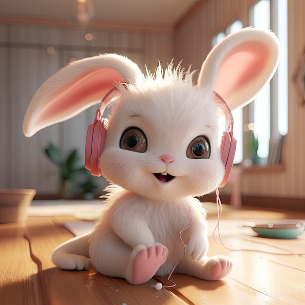 Un simpatico e dolce stile pixar bianco fata baby coniglio dolce sorriso piccolo bloson pesca intorno indossando una grande cuffia generat ai