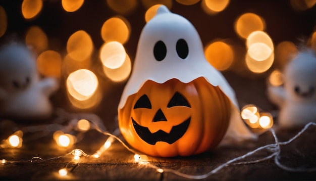 un simpatico fantasma di Halloween circondato da scintillanti lucine