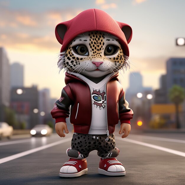 Un simpatico gattino iperrealistico Kawaii minuscolo che indossa abiti hip hop sullo sfondo della città