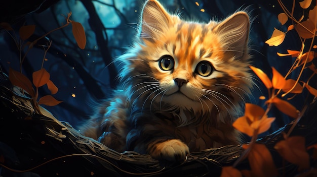 un simpatico gattino nella foresta notturna