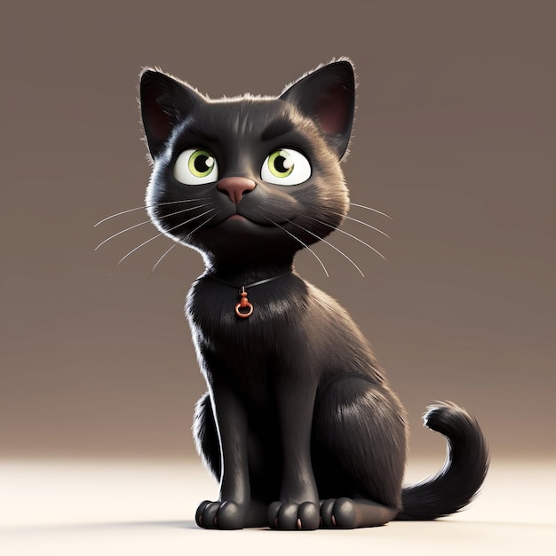 Un simpatico gattino nero cartone animato con gli occhi verdi Primo piano IA generativa