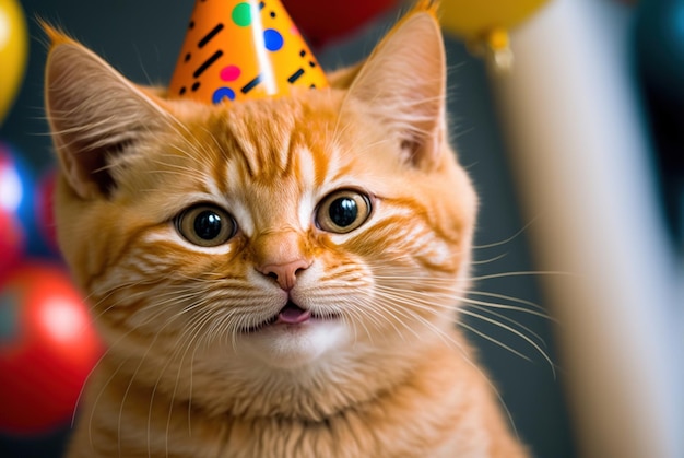 Un simpatico gattino sorridente a una festa di compleanno generata da Ai