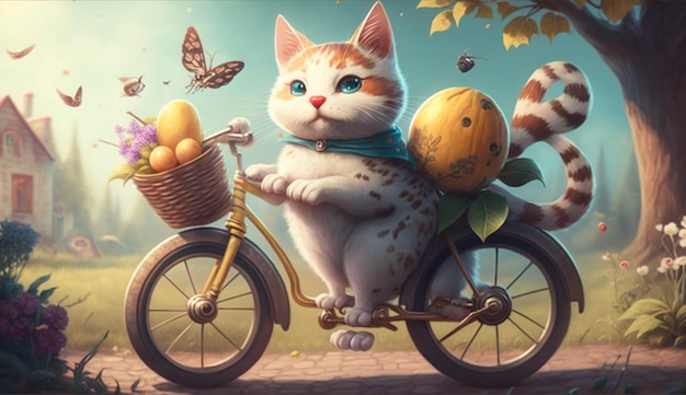 Un simpatico gatto allegro tiene un uovo e va in bicicletta in occasione della celebrazione della Pasqua