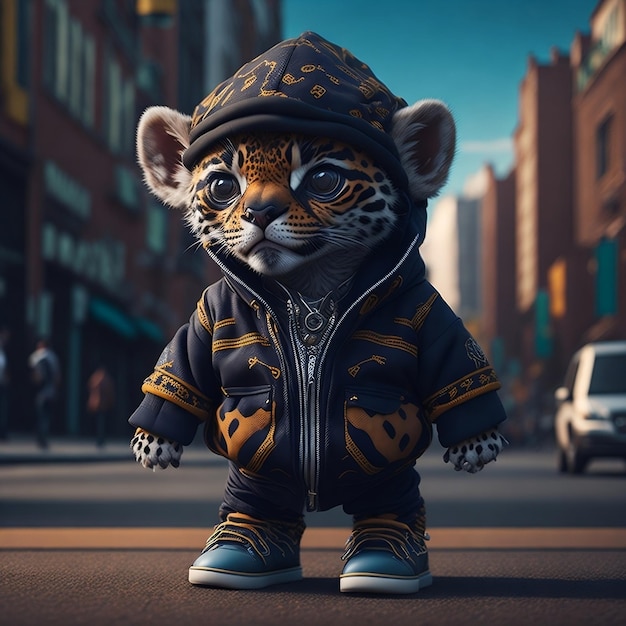 Un simpatico gatto bambino iper realistico Kawaii che indossa abiti hip-hop sullo sfondo della città