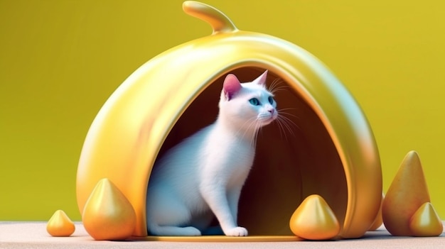 Un simpatico gatto bianco su sfondo giallo IA generativa