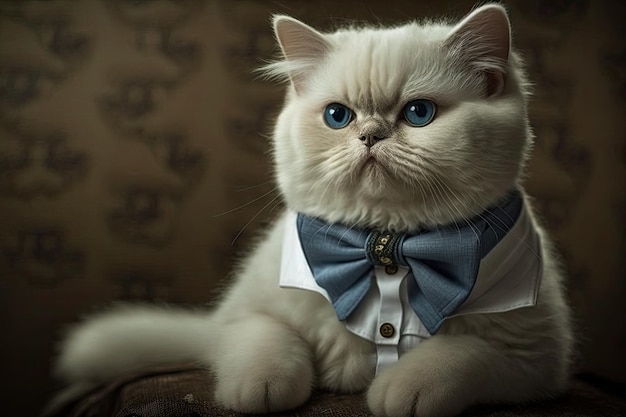 Un simpatico gatto britannico bianco con gli occhi azzurri vestito con una camicia e un papillon