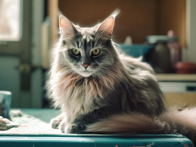 Un simpatico gatto grigio maine coon sta riposando ai generativo