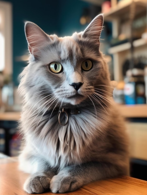 Un simpatico gatto grigio maine coon sta riposando ai generativo