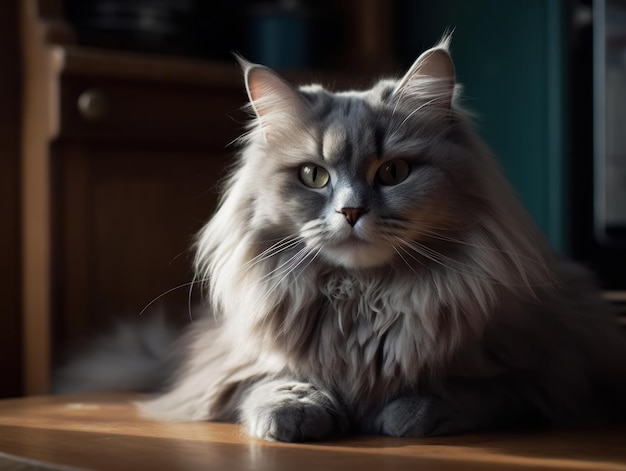 Un simpatico gatto grigio maine coon sta riposando ai generativo