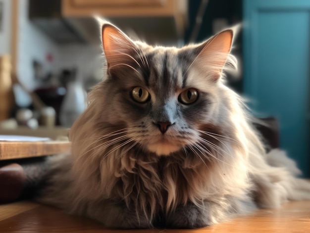 Un simpatico gatto grigio maine coon sta riposando ai generativo