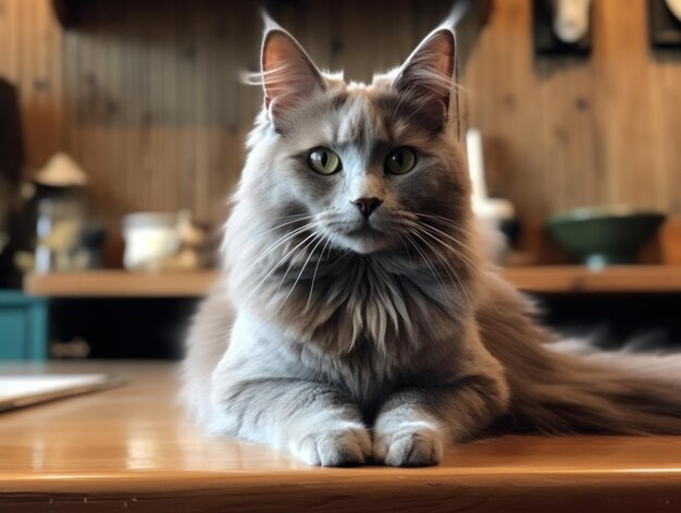 Un simpatico gatto grigio maine coon sta riposando ai generativo